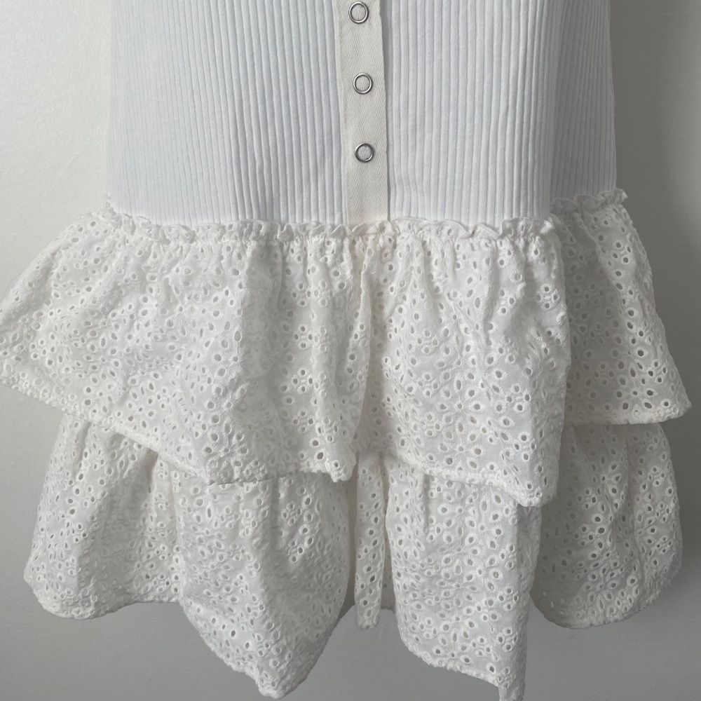 Betsey Johnson White Scoop Neck Ruffled Eyelet Button Front Mini Dress NWT - Picture 3 of 5